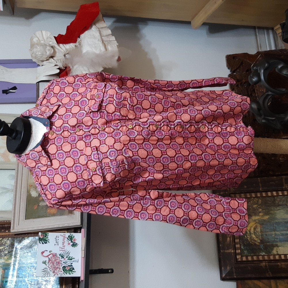 Womens Print Blouse button up Collared long sleeve shirt sz L JACLYN SMITH